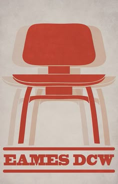 a red chair sitting on top of a white floor next to an orange chair with the word eames dcw written below it