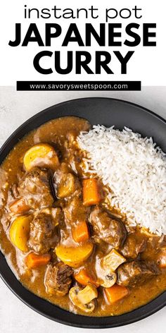 japanese curry with rice in a black bowl on a white background and text overlay that reads instant pot japanese curry