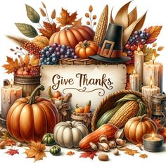 a thanksgiving greeting with pumpkins, gourds and other autumn items in front of a sign that says give thanks