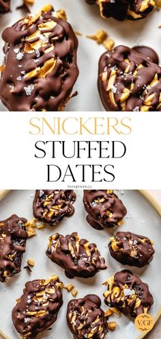 some chocolate covered cookies are on a plate with the words, snickkers stuffed dates