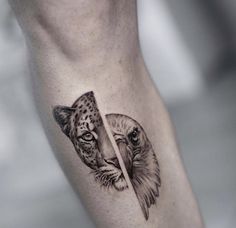 a tattoo on the leg of a person with an eagle and cheetah head