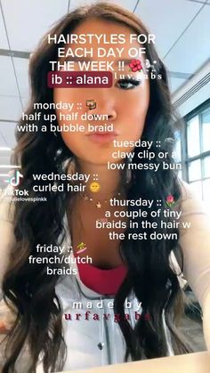 btw not mine credit to the owner! Hairstyles For Each Day Of School, Preppy Hair For School, Self Care For Each Day Of The Week, Week Of Hairstyles Simple, Aesthetic Hair For School, Wednesday Hairstyles For School, Week Of Hairstyles For School, Hairstyles For Monday, Day Of The Week Hairstyles