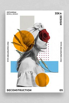 a woman with a rose in her hair on top of a white and orange poster