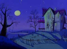 an animated house in the middle of a snowy night