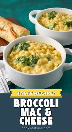 two bowls of broccoli macaroni and cheese soup on a green table