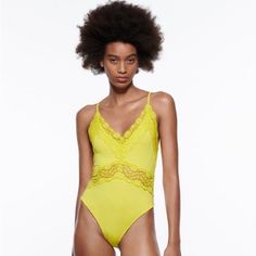 Zara Neon Yellow Lace Bodysuit Size Medium - Never Worn. Purchased 6 Months Ago. Elegant Zara Swimwear With Stretch, Elegant Zara Bodysuit For The Beach, Elegant Zara Bodysuit For Beach, Yellow Lined Bodysuit For Spring, Spring Yellow Bodysuit With Lined Body, Yellow Bodysuit With Lined Body For Spring, Zara Beachwear Bodysuit For Spring, Chic Yellow Bodysuit For Spring, Elegant Zara Beach Bodysuit