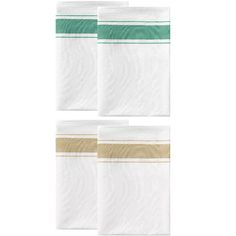 four white napkins with green and gold stripes