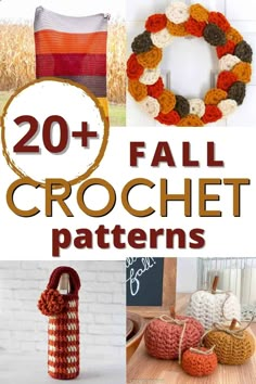 20 fall crochet patterns with pumpkins and wreaths in the background,