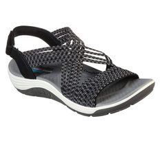 PRICES MAY VARY. Soft stretch fabric upper Smooth synthetic heel slingback strap Adjustable sling strap with hook and loop closure Arch Comfort footbed for comfortable soft support Rubber traction outsole with wraparound side and toe panels Skechers Store, Sporty Sandal, Oh Snap, Sporty Casual, Wide Shoes, Comfort Design, Navy Fashion, Girls Sandals, Skechers Women