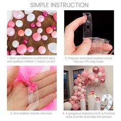 the instructions for how to decorate balloons in pink and white colors, including one balloon