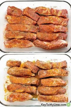 two pans filled with meat covered in seasoning