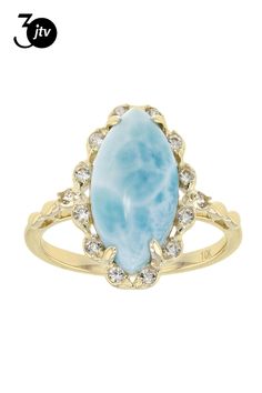 16x8mm marquise cabochon larimar with .34ctw round white zircon, 10k yellow gold ring. Measures approximately .55"L x .72"W. Accent stones primarily zircon. Yellow Gold Ring, 10k Gold, Yellow Gold Rings, Gold Ring, Gold Rings, Yellow Gold, Ring, Stone, Yellow