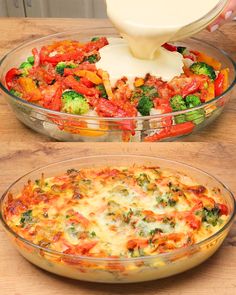 a person pouring milk over a casserole dish with broccoli and peppers