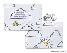 two envelopes with cartoon drawings on them, one is yellow and the other is white