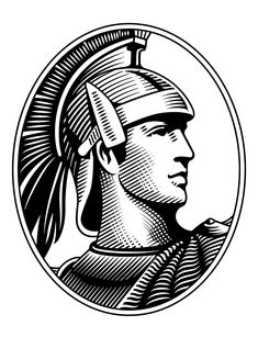 a black and white drawing of a native american man in a helmet with feathers on his head