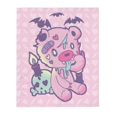 a pink teddy bear with bats on it's head and eyes, holding a candle in its mouth