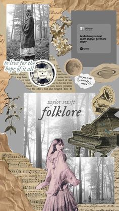 altered collage with paper, photos and words about folklore in black and white