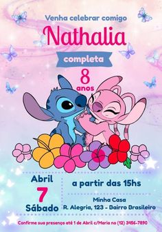 an advertisement for the children's birthday party with cartoon characters and flowers on it