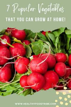 some radishes and greens with the words 7 popular vegetables that you can grow at home