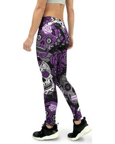 Be Happy, Be Bright, Be You in the Gearbunch Purple Sugar Skull Yoga Pants. A royal colorful combination of white, black and purples, super soft, stretchy and comfortable with a wide waistband for an extra comfortable fit and small internal pocket, they are the perfect pants for all kinds of workouts, yoga and everyday life.