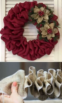 two pictures showing how to make a burlock wreath