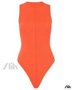 Zlily - Sleeveless Bodycon Jumpsuit with Round Neck, Stylish and Sexy Trendy Sleeveless Stretch Swimwear, Orange Stretch One-piece Bodysuit, Fitted Sleeveless Orange Bodysuit, Trendy Sleeveless Swimming Bodysuit, Trendy High Stretch Sleeveless Swimwear, Trendy Sleeveless Bodycon Bodysuit, Sleeveless Swimwear For Night Out, Sleeveless Bodycon Bodysuit For Summer, Sleeveless Orange Bodysuit For Summer