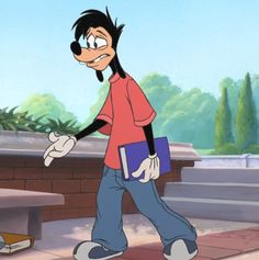 an animated character is walking down the street with a book in his hand and another person behind him