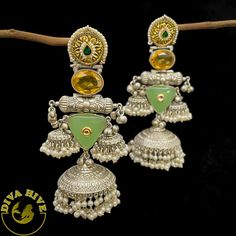 Silver Tribal Jhumka |Silver Fusion Jhumka - Earring -925Silver Green Fusion Style Chandbalis With Cutdana, Green Cutdana Chandbalis In Fusion Style, Green Cutdana Fusion Chandbalis, Silver Kundan Danglers For Festivals, Silver Kundan Fusion Danglers, Silver Chandbalis With Tilla For Festive Occasions, Silver Fusion Chandbalis With Latkans, Fusion Style Silver Chandbalis With Latkans, Silver Bollywood Chandbali Jhumkas