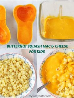 four pictures showing how to make butternut squash puree recipe for babies and toddlers