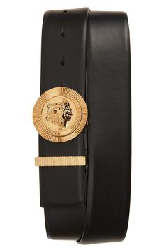 Medusa-head Biggie hardware brings a flash of gleam to a premium calfskin-leather belt. 1 1/2" width; 2" buckle diameter Leather Made in Italy Business Leather Belt With Logo Hardware, Black Formal Belts With Logo Hardware, Elegant Formal Belts With Logo Hardware, Elegant Formal Belt With Logo Hardware, Luxury Leather Belt With Logo Plaque, Luxury Leather Belt With Metal Logo, Short Jean Skirt, Versace Gold, Medusa Head