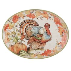 a plate with a turkey on it and pumpkins in the background, all painted to look like autumn