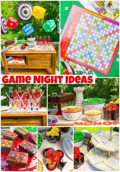 a collage of game night ideas including games and desserts