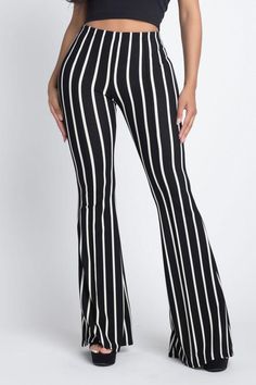 Women's Stripe Flare Pants – BPosh Beauty Bar & Boutique Chic Fitted Wide Leg Pants With Elastic Waistband, Chic Elastane Bottoms With Elastic Fit, Spring Stretch Dress Pants With Pull-on Style, Elegant Stretch Dress Pants With Elastic Waistband, Stretch Pull-on Dress Pants For Spring, Chic Bottoms With Elastic Waistband, Elegant Stretch Wide Leg Pants With Pull-on Style, Chic Fitted Pull-on Dress Pants, Stretch Pull-on Dress Pants