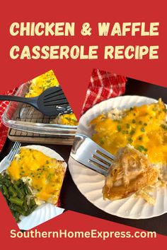 chicken and waffle casserole recipe on a paper plate with a fork next to it