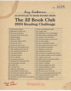 the 52 book club reading challenge is shown in an old - fashioned paper with writing on it