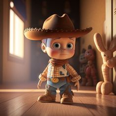 an animated character with a cowboy hat standing next to a stuffed animal and toy rabbit