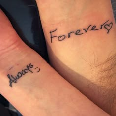 two people with matching tattoos that say forever