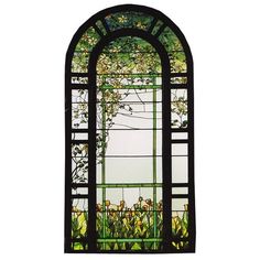 a stained glass window with flowers and vines in the center, against a white background