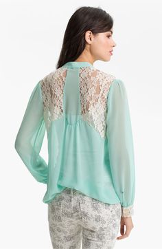 Robin K Lace Trim Chiffon Shirt (Juniors) | #Nordstrom Chiffon Shirt, Lace Trim, Chiffon, Long Sleeve Blouse, Nordstrom, Mint, Trim, My Style, Lace