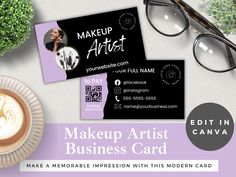 makeup artist business card with eyeglasses and cup of coffee on the table next to it