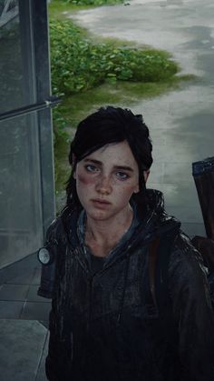 the last of us's characters are standing in front of an open door and looking at the camera