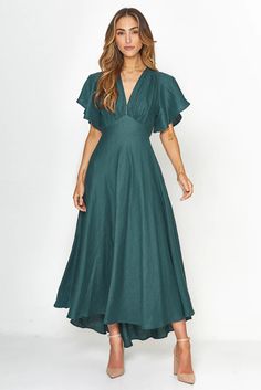 Green Butterfly Sleeve Bias Midi Dress – Aulieude Dress With Butterfly Sleeves, Athena Dress, Fashion 23, Bias Dress, Emerald Dress, Athena Dresses, Tencel Dress, Bias Skirt, Emerald Dresses