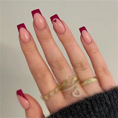 Elevate your Valentine's Day look with our Red Heart Festival Long Square Press-On Nails! Featuring charming French tips and delightful nail art, these 24 pieces are perfect for women and girls wanting a stunning manicure at home. Easy to apply and remove, they’re a must-have for any celebration!  #PaleNails #NailsFrenchTips #PressOnNailsFrench #NailLong #FrenchTipNailArt #SquarePressOnNails Red French Tips Short, Heart Tips Nails, Simple Easy Nails, Red Holiday Nail Designs, French Nails With Heart, Square Red Nails, French Tip Acrylic Nails Square, Nails Red French Tip, Red French Tips