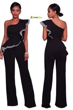 Look good all year round and in any situation in this must-have one-shoulder jumpsuit with wide legs.  This stylish jumpsuit is the must-have of this summer. one shoulder jumpsuit outfit| one shoulder casual jumpsuit| black one shoulder jumpsuit outfit|one shoulder jumpsuit parties  #jumpsuit #casualjumpsuit #formaljumpsuit #cocktailoutfit #womenswear #womensfashion  #blackoutfit Fitted One-shoulder Jumpsuit With Ruffles, One-shoulder Fitted Jumpsuit With Ruffles, Fitted One-shoulder Ruffled Jumpsuit, Fitted One-shoulder Jumpsuit For Spring, Elegant Strapless One-piece Jumpsuit For Summer, Elegant Black Strapless Jumpsuit For Spring, Black Fitted Off-shoulder Strapless Jumpsuit, Fitted One-shoulder Jumpsuits And Rompers, Fitted Off-shoulder Jumpsuit With Ruffles