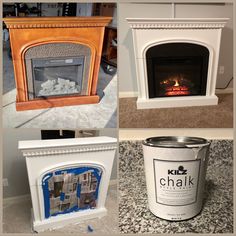 four pictures of different types of fireplaces in various stages of being painted and decorated