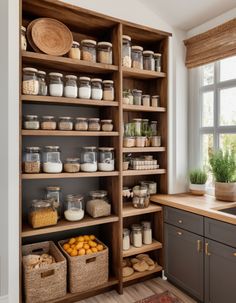 an organized pantry with lots of food in baskets and jars on the shelves next to a window