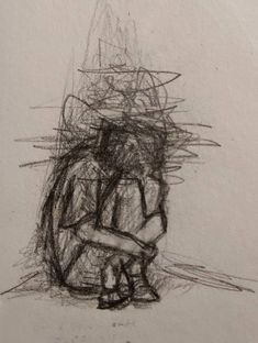 a drawing of a person sitting on the ground with their head down and arms crossed