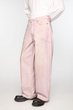 Faded Wide Leg Rigid Denim Bottoms, Pink Denim Pants With Five Pockets, Faded Wide Leg Jeans With Belt Loops, Baggy Pink Denim Jeans, Spring Straight Leg Pre-washed Bottoms, Pre-washed Wide Leg Jeans For Spring, Spring Wide Leg Pre-washed Jeans, Spring Wide-leg Pre-washed Jeans, Spring Pre-washed Wide Leg Jeans