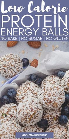 low calorie protein energy balls with blueberries and almonds in the background