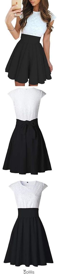 Simple A Line Lace White and Black Homecoming Dresses with Satin Above Knee Cocktail Dress H1078, This dress could be custom made, there are no extra cost to do custom size and color Lace Prom Dress With Contrast Lace Details, Prom Dresses With Contrast Lace, A-line Lace Dress With Contrast Lace, Lace Dress With Contrast Lace For Prom, Contrast Lace Prom Dress, Fitted Chiffon Lace Dress With Lace Trim, Black Lace Bodice Summer Dress, Black Summer Dress With Lace Bodice, Black Lace Summer Dress For Wedding